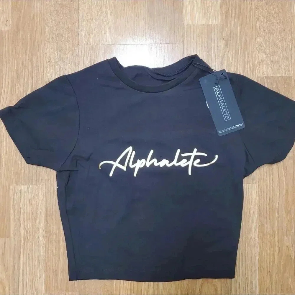 Alphalete Black Crop Top Gold Logo on Front Size XXS